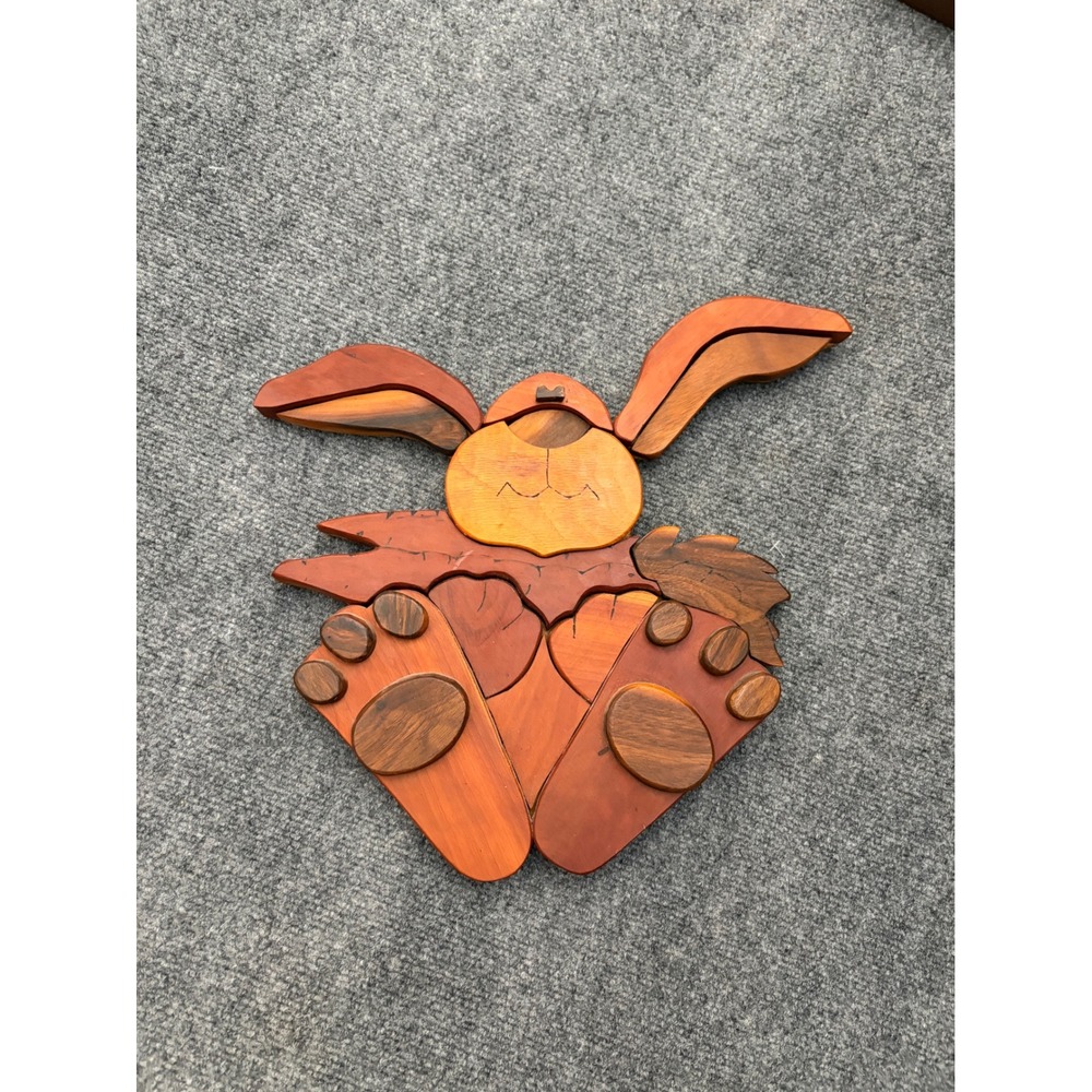 Vintage Intarsia Wood Rabbit Wall Art Handcrafted Bunny Decor 14 Inch